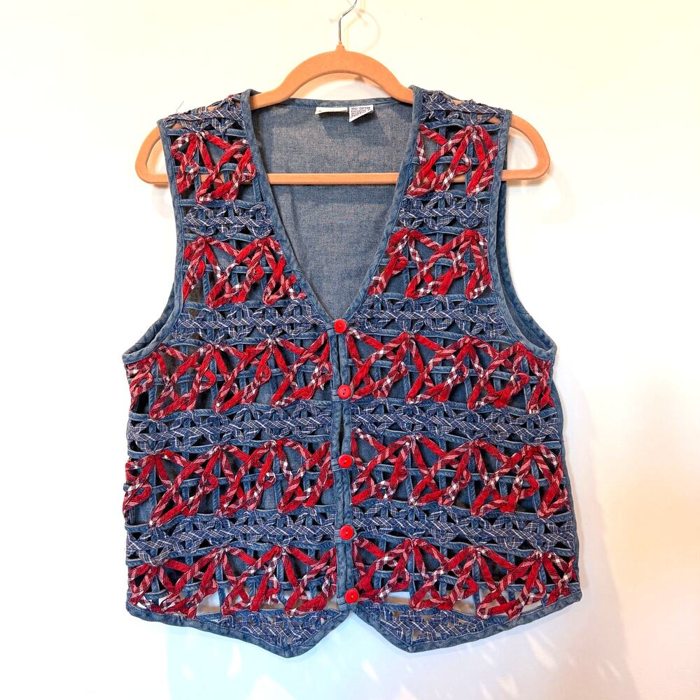 Vtg 90s Cherokee 100% cotton denim vest red white bluie America USA 4th July